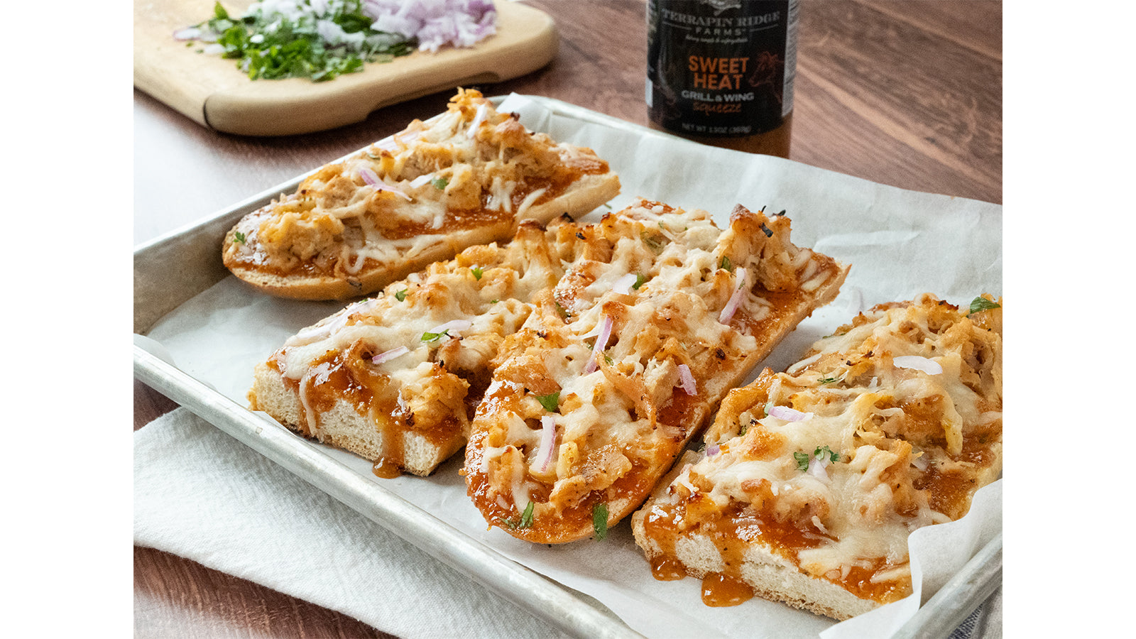 French Bread BBQ Chicken Pizza with Terrapin Ridge Sweet Heat BBQ Sauce French Bread BBQ Chicken Pizza with Terrapin Ridge Sweet Heat BBQ Sauce